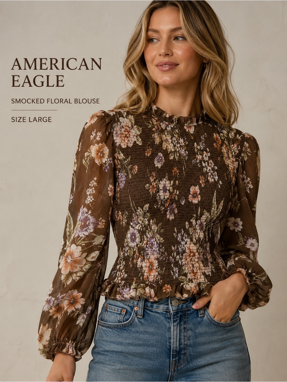 American Eagle Smocked Floral Blouse Brown Puff Sleeve Ruffle Top L EUC